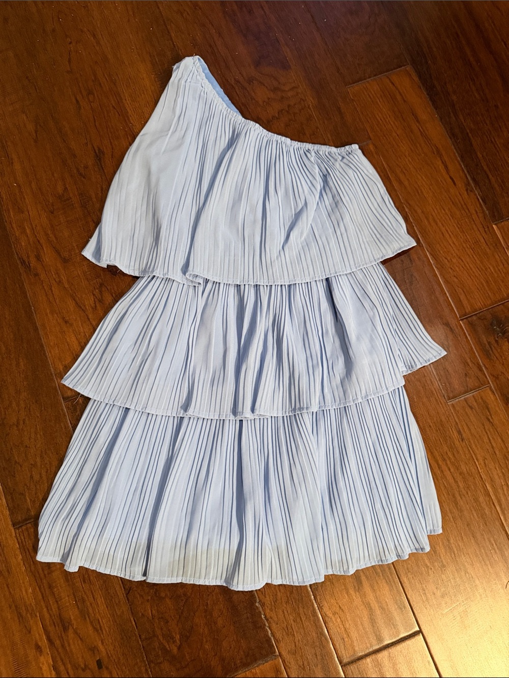 One-Shoulder Light Blue Tiered Pleated Dress